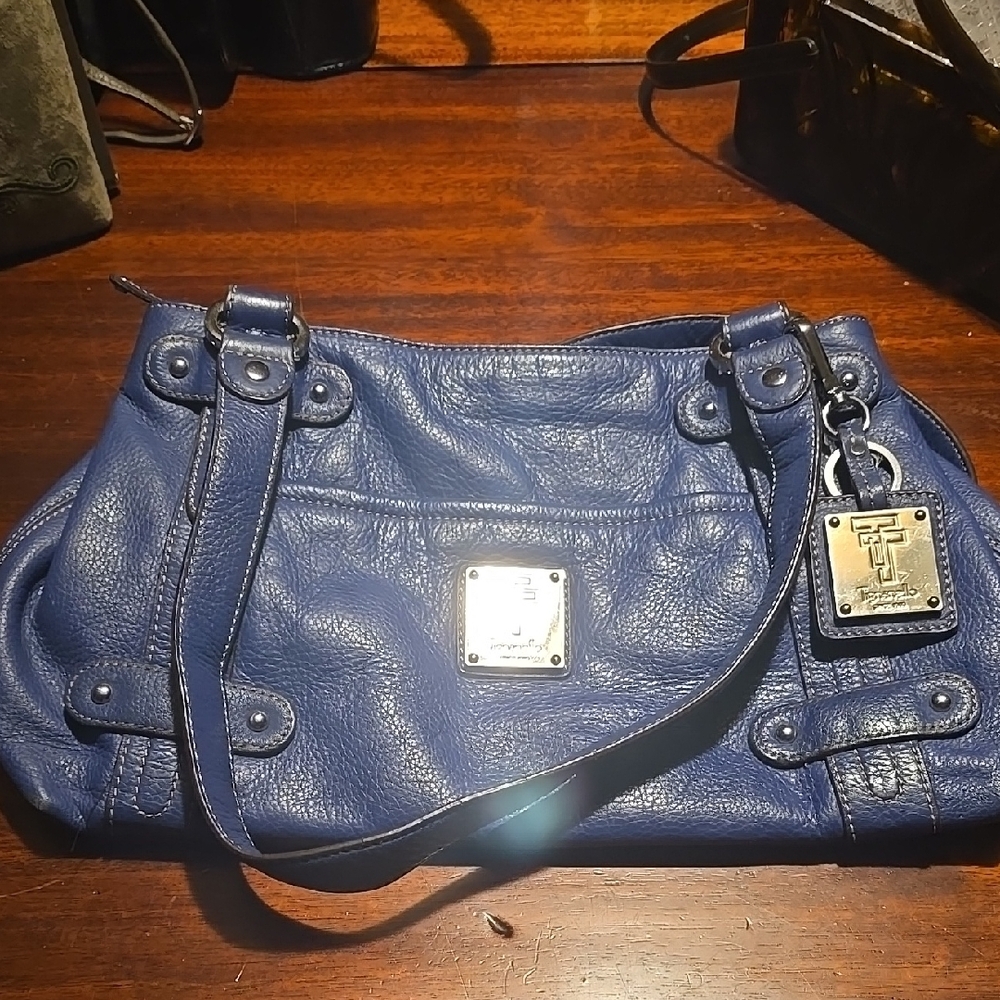 Tignanello Blue Leather Shoulder Bag with Silver Accents